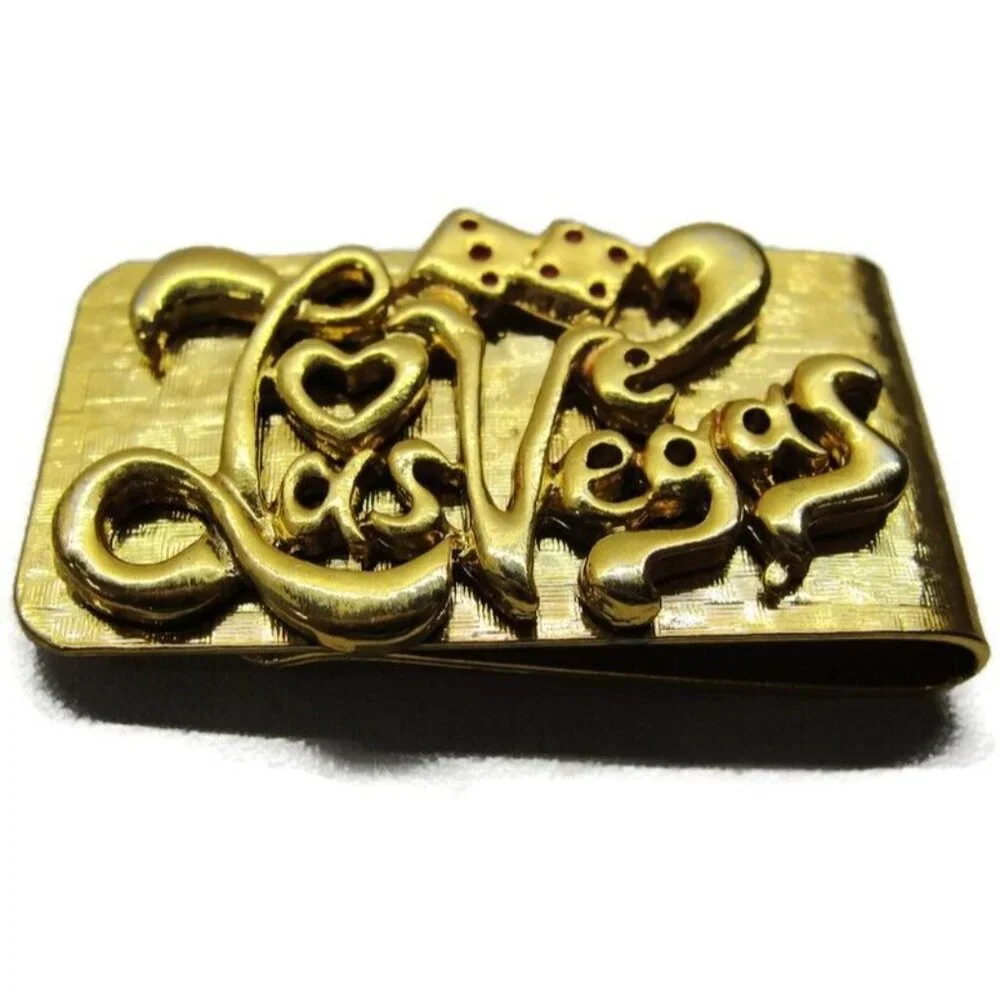 Las Vegas Dice Gold Tone Money Clip Stainless Steel Wallet Credit Card Cash ID